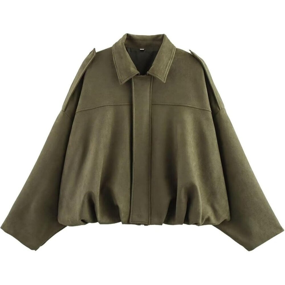 Women's Green Bomber Jacket Coat Streetwear Faux Fur Winter Warm Long Sleeves